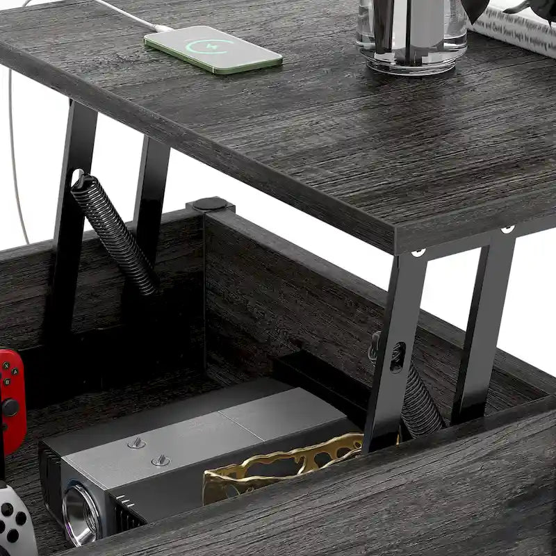 Couchtisch mit zwei Hubplatten, Stauraum, USB-Anschlüssen und LED-Leuchten