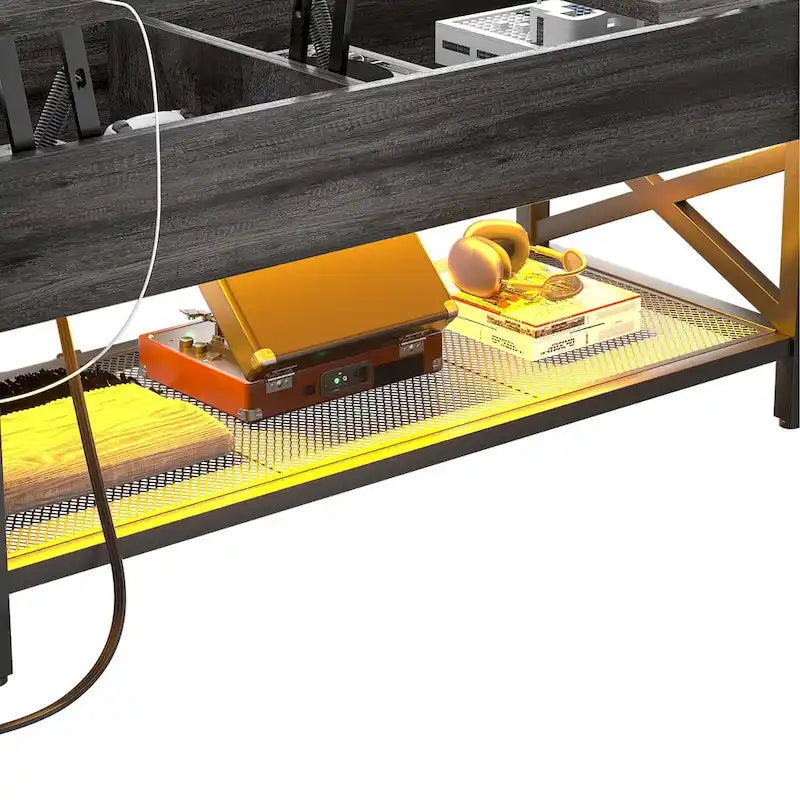 Couchtisch mit zwei Hubplatten, Stauraum, USB-Anschlüssen und LED-Leuchten