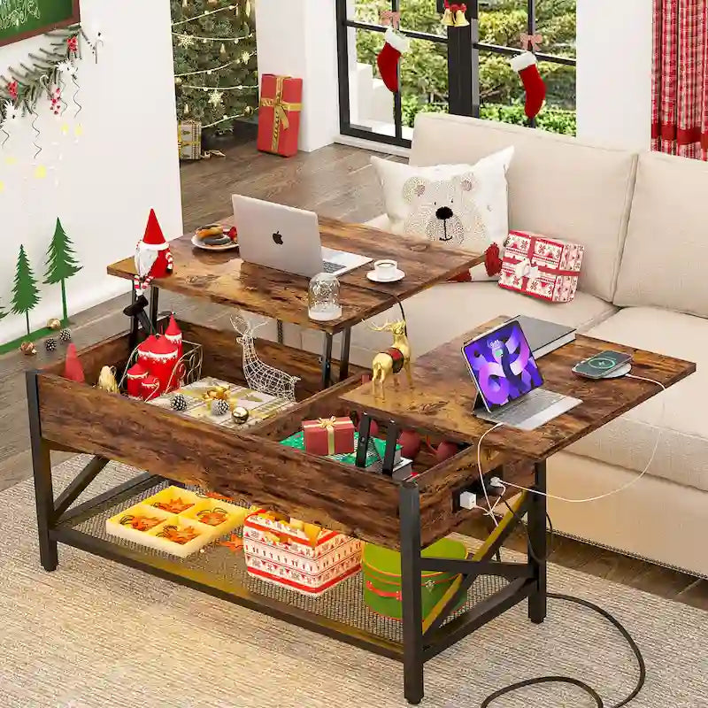 Couchtisch mit zwei Hubplatten, Stauraum, USB-Anschlüssen und LED-Leuchten