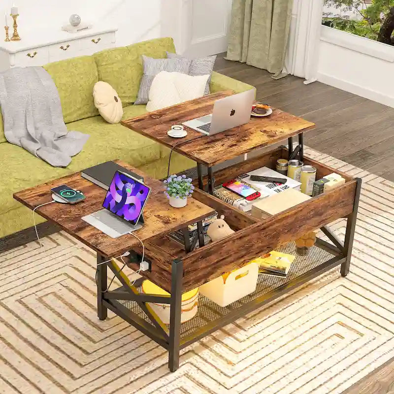 Couchtisch mit zwei Hubplatten, Stauraum, USB-Anschlüssen und LED-Leuchten