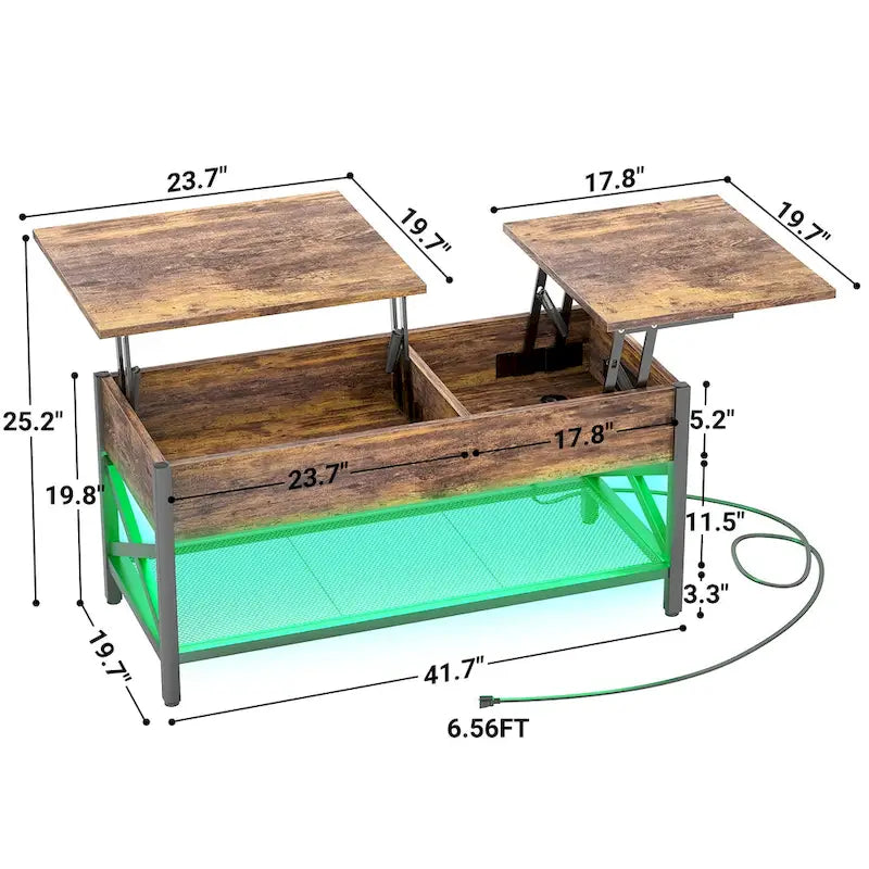 Couchtisch mit zwei Hubplatten, Stauraum, USB-Anschlüssen und LED-Leuchten