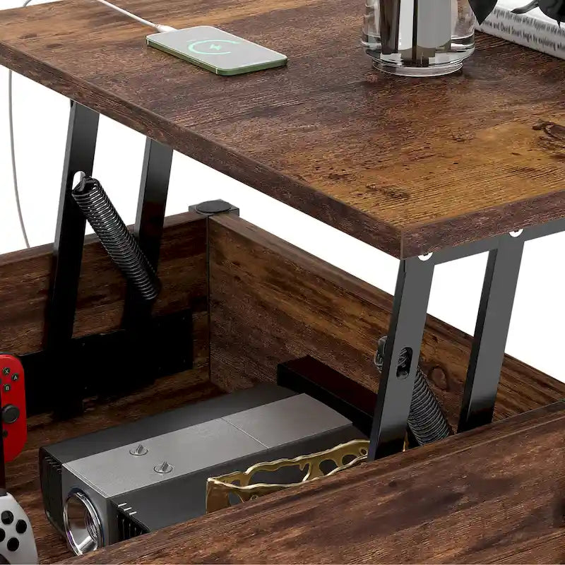 Couchtisch mit zwei Hubplatten, Stauraum, USB-Anschlüssen und LED-Leuchten