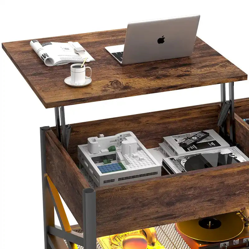 Couchtisch mit zwei Hubplatten, Stauraum, USB-Anschlüssen und LED-Leuchten