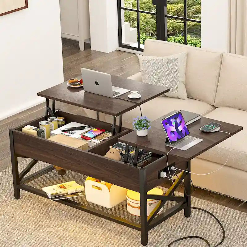 Couchtisch mit zwei Hubplatten, Stauraum, USB-Anschlüssen und LED-Leuchten