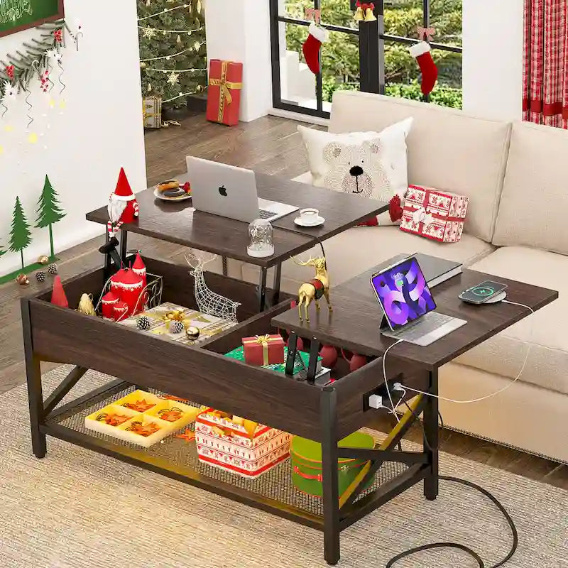 Couchtisch mit zwei Hubplatten, Stauraum, USB-Anschlüssen und LED-Leuchten