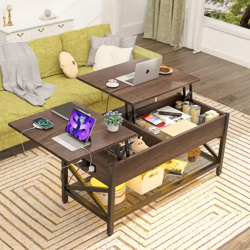 Couchtisch mit zwei Hubplatten, Stauraum, USB-Anschlüssen und LED-Leuchten