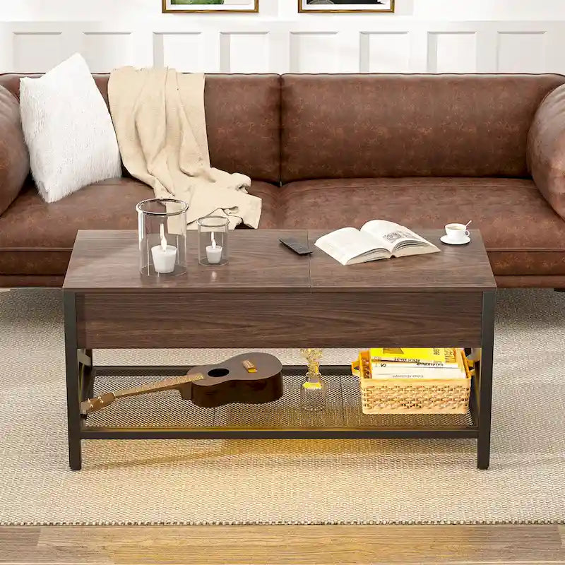 Couchtisch mit zwei Hubplatten, Stauraum, USB-Anschlüssen und LED-Leuchten
