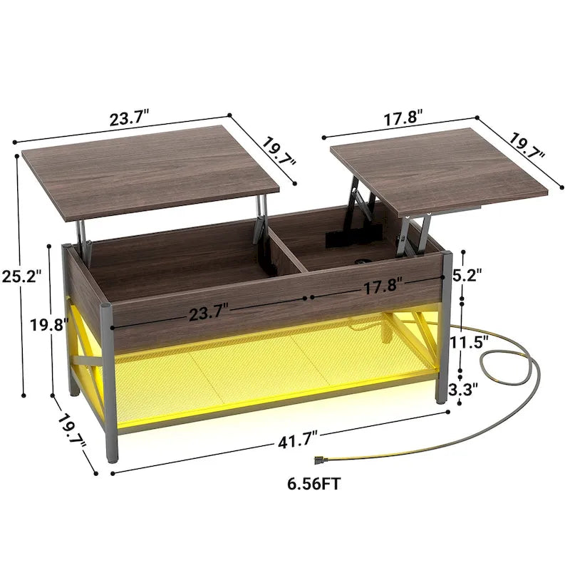 Couchtisch mit zwei Hubplatten, Stauraum, USB-Anschlüssen und LED-Leuchten