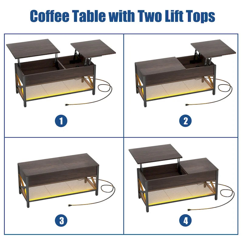 Couchtisch mit zwei Hubplatten, Stauraum, USB-Anschlüssen und LED-Leuchten