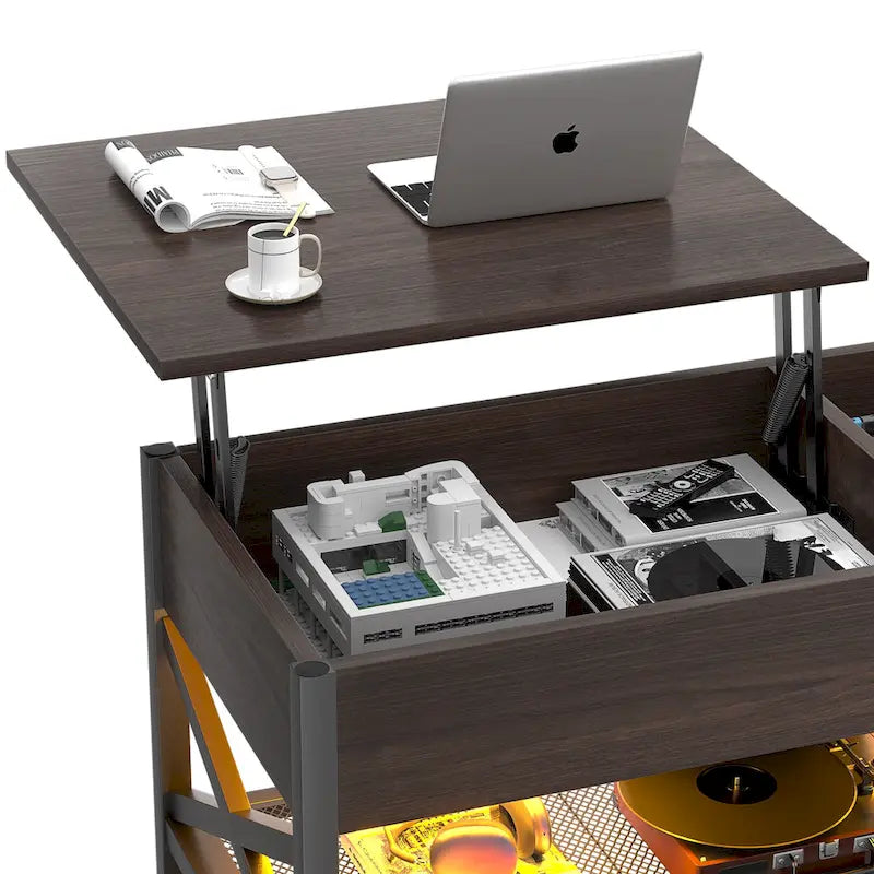 Couchtisch mit zwei Hubplatten, Stauraum, USB-Anschlüssen und LED-Leuchten