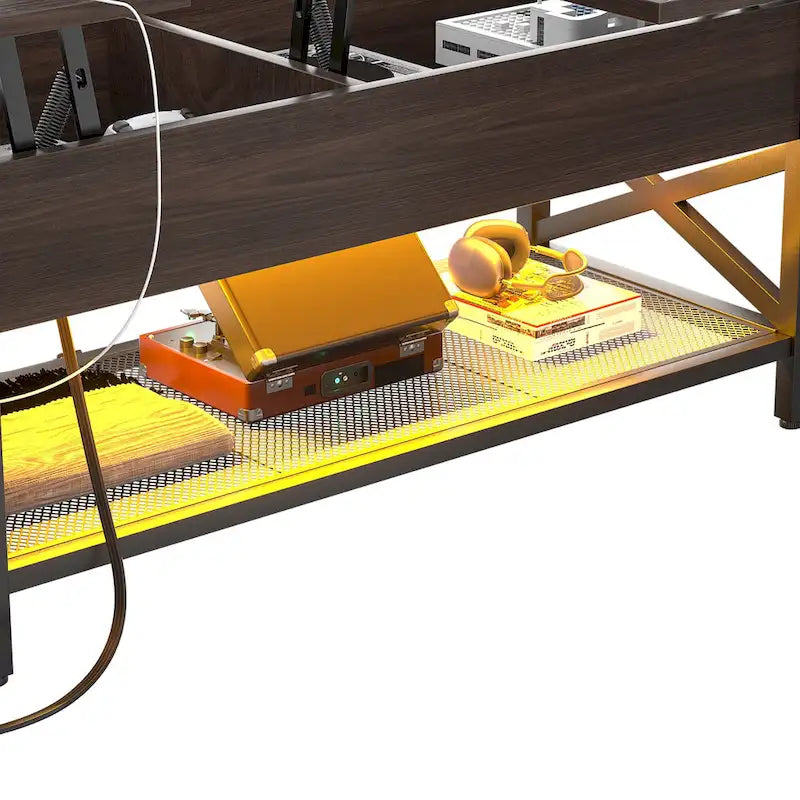 Couchtisch mit zwei Hubplatten, Stauraum, USB-Anschlüssen und LED-Leuchten