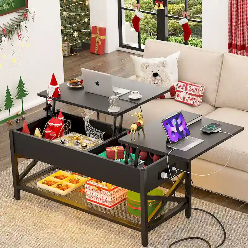 Couchtisch mit zwei Hubplatten, Stauraum, USB-Anschlüssen und LED-Leuchten