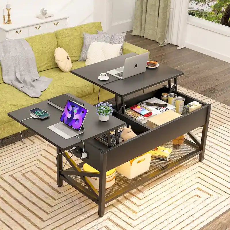 Couchtisch mit zwei Hubplatten, Stauraum, USB-Anschlüssen und LED-Leuchten