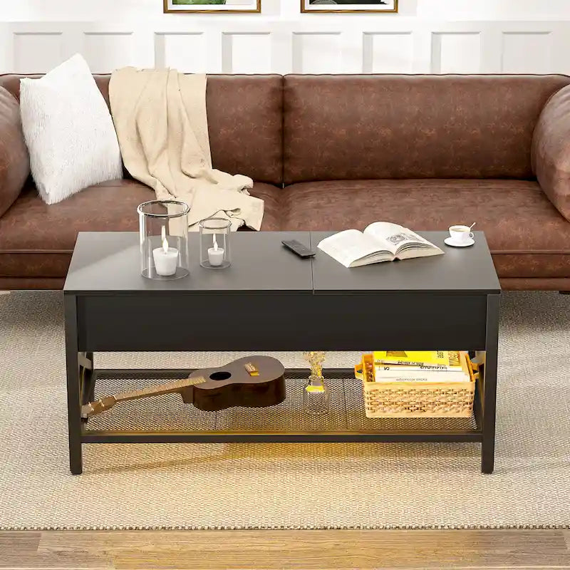 Couchtisch mit zwei Hubplatten, Stauraum, USB-Anschlüssen und LED-Leuchten