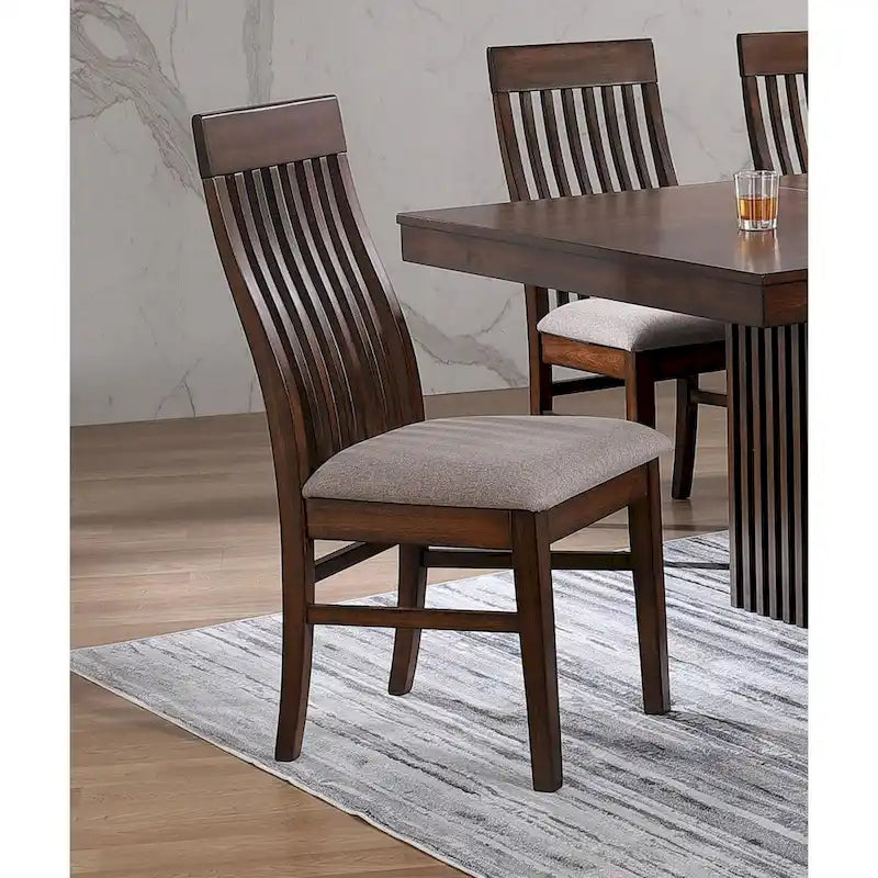 Slat-Back Dining Side Chairs with Brown Padded Seats, Set of 2
