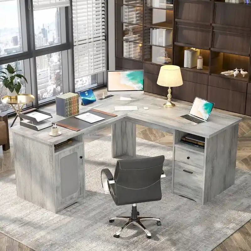 Modern Farmhouse L-Shaped Desk with Storage and Charging Ports