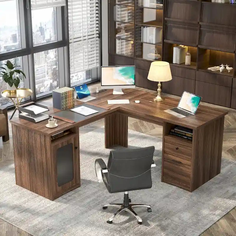 Modern Farmhouse L-Shaped Desk with Storage and Charging Ports