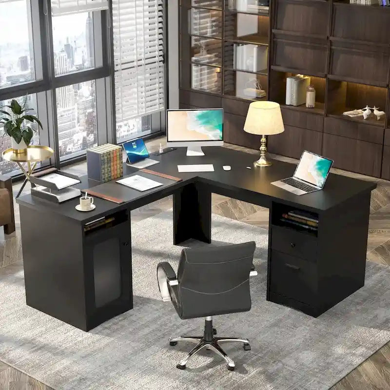 Modern Farmhouse L-Shaped Desk with Storage and Charging Ports