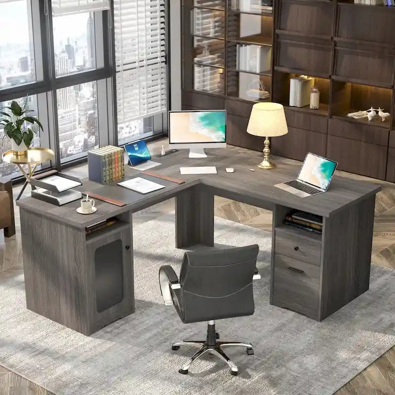 Modern Farmhouse L-Shaped Desk with Storage and Charging Ports