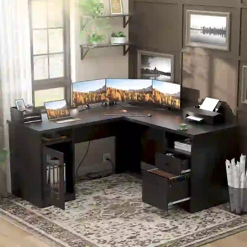 Modern Farmhouse L-Shaped Desk with Storage and Charging Ports