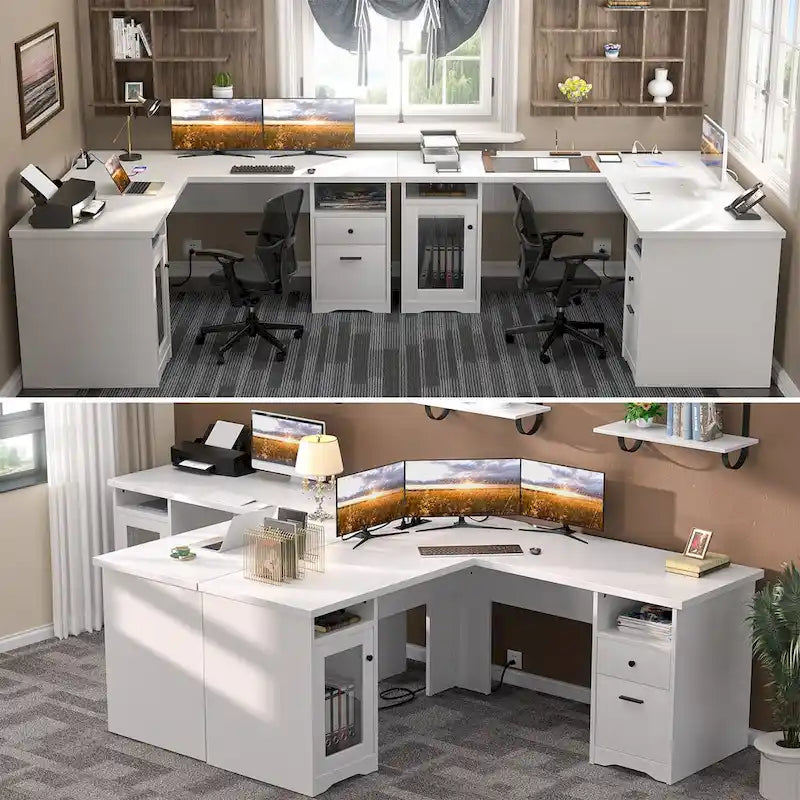 Moderner L-förmiger Schreibtisch im Landhausstil mit Stauraum und Ladeanschlüssen