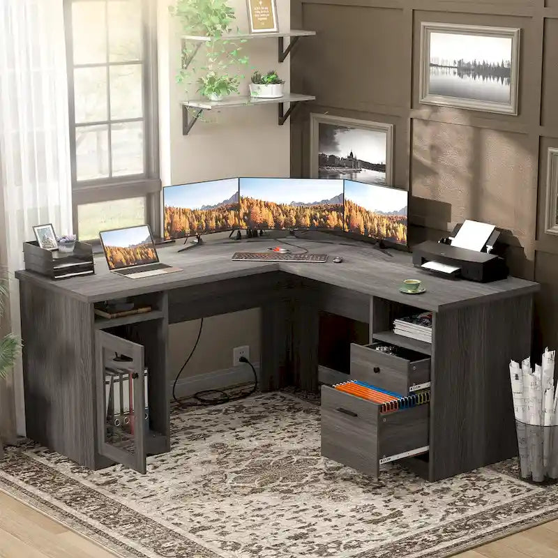 Moderner L-förmiger Schreibtisch im Landhausstil mit Stauraum und Ladeanschlüssen