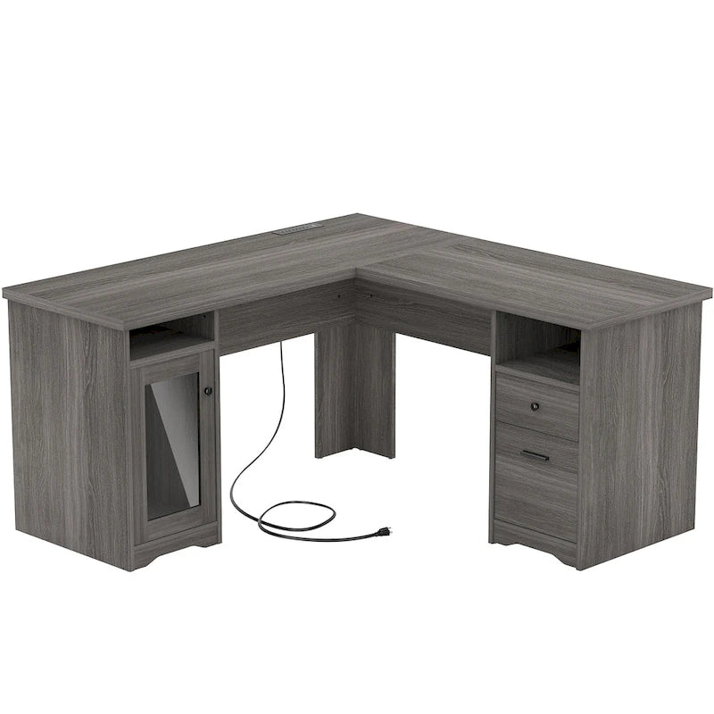 Moderner L-förmiger Schreibtisch im Landhausstil mit Stauraum und Ladeanschlüssen