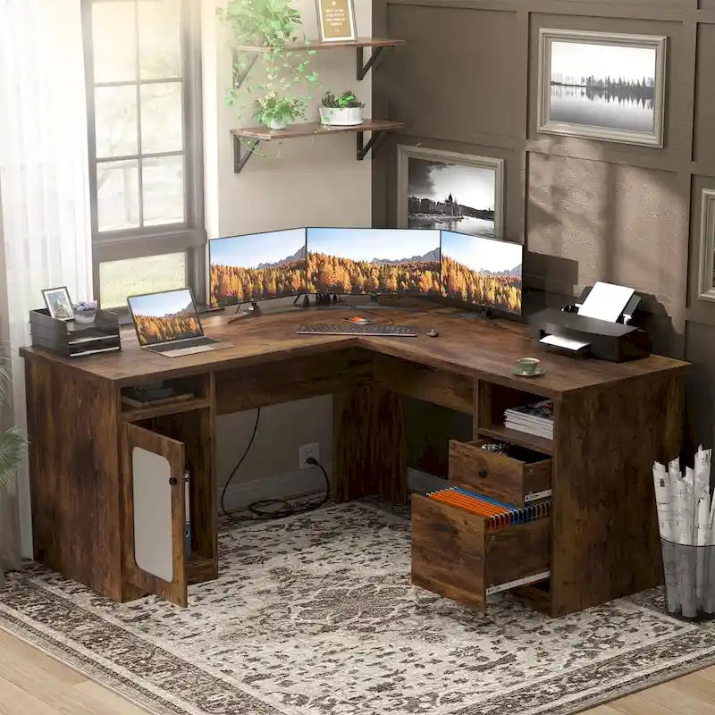 Moderner L-förmiger Schreibtisch im Landhausstil mit Stauraum und Ladeanschlüssen