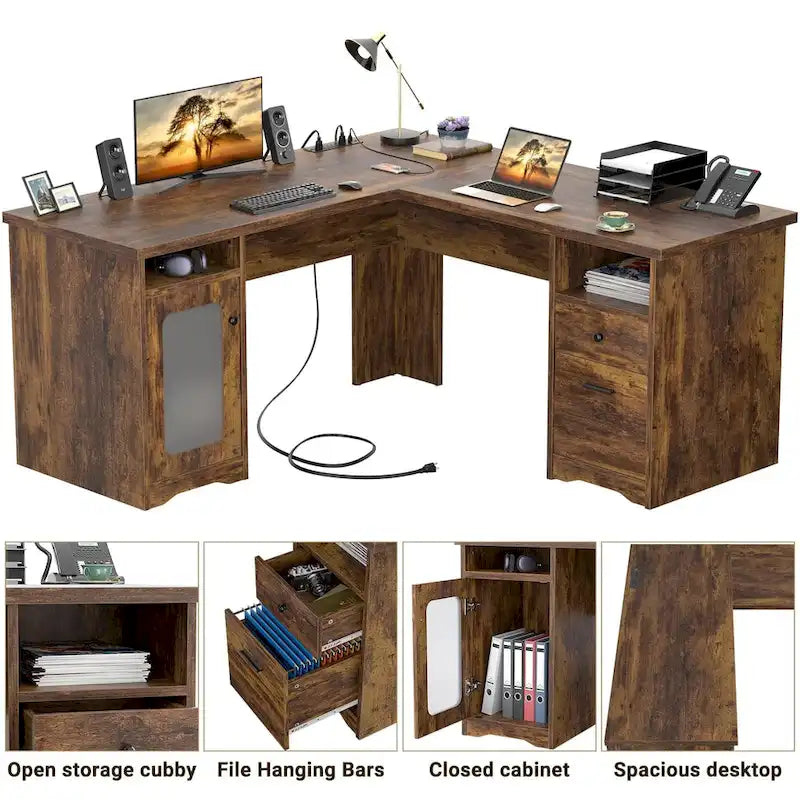 Moderner L-förmiger Schreibtisch im Landhausstil mit Stauraum und Ladeanschlüssen