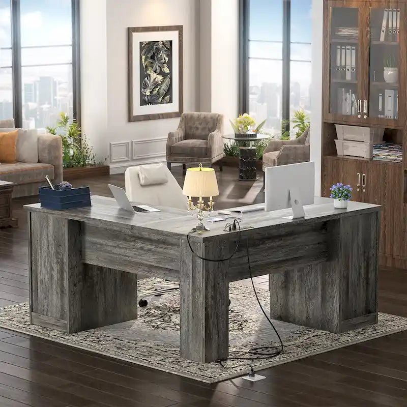 Moderner L-förmiger Schreibtisch im Landhausstil mit Stauraum und Ladeanschlüssen