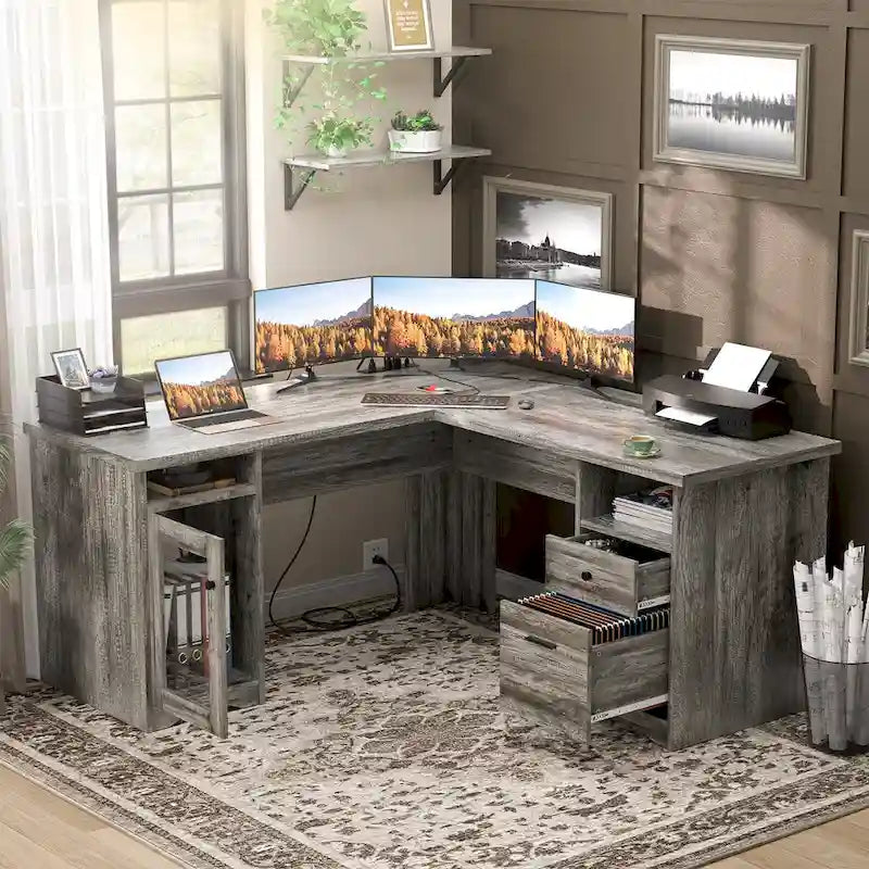 Moderner L-förmiger Schreibtisch im Landhausstil mit Stauraum und Ladeanschlüssen
