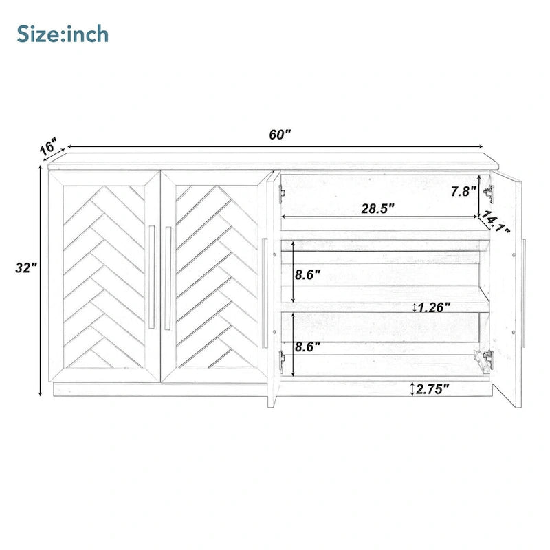 Dressoir van 60 inch met vier deuren en verstelbare planken