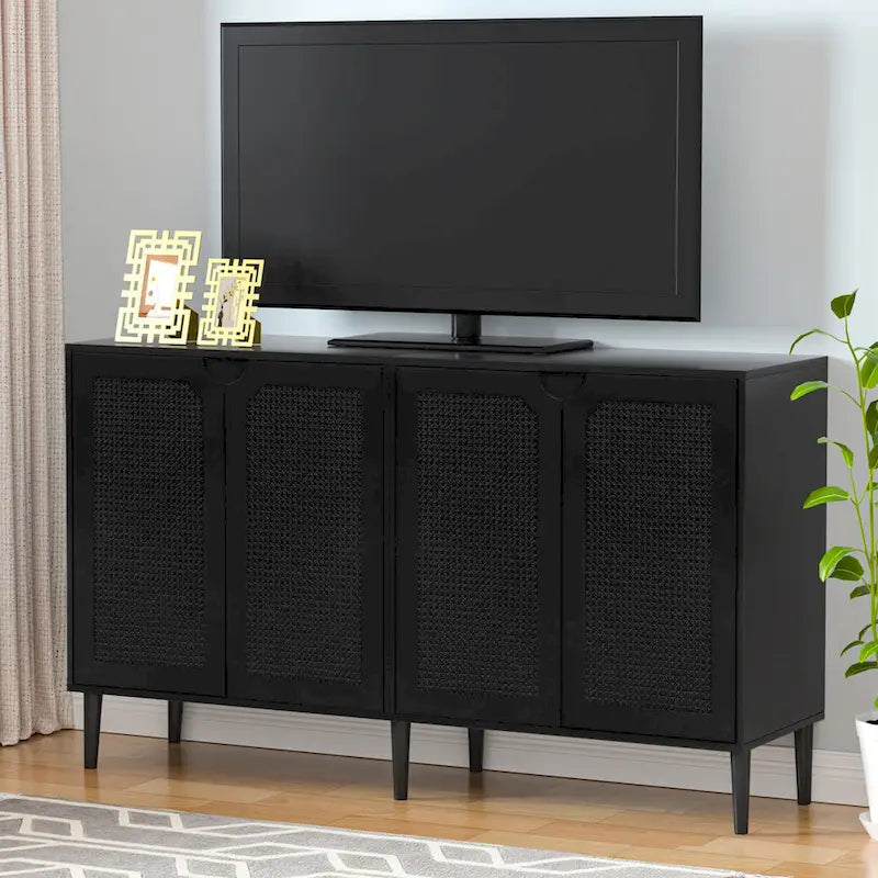 63-Inch Black Four-Door Rattan Sideboard with Adjustable Shelf