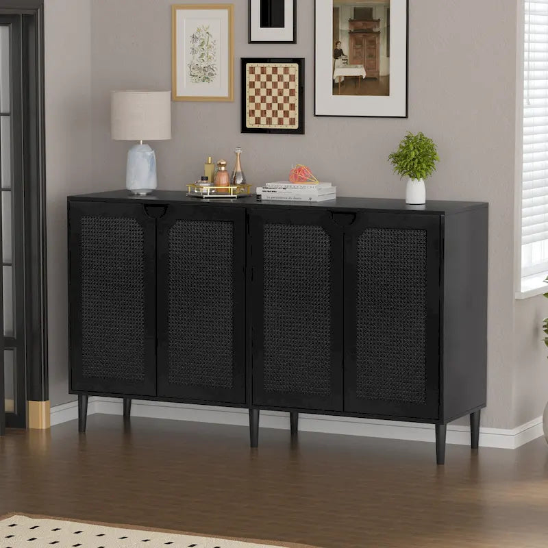 63-Inch Black Four-Door Rattan Sideboard with Adjustable Shelf