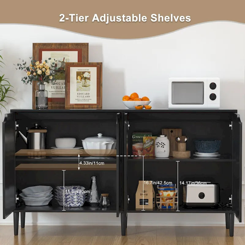 63-Inch Black Four-Door Rattan Sideboard with Adjustable Shelf