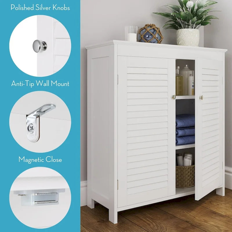 White Bathroom Floor Storage Cabinet with Shutter Doors