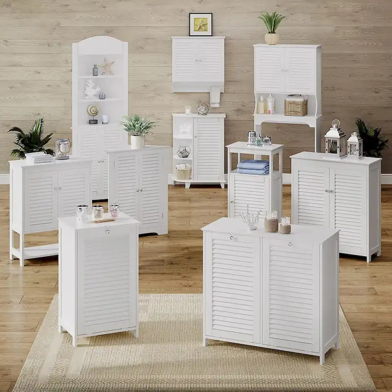 Meuble de rangement de salle de bains blanc avec portes à persiennes