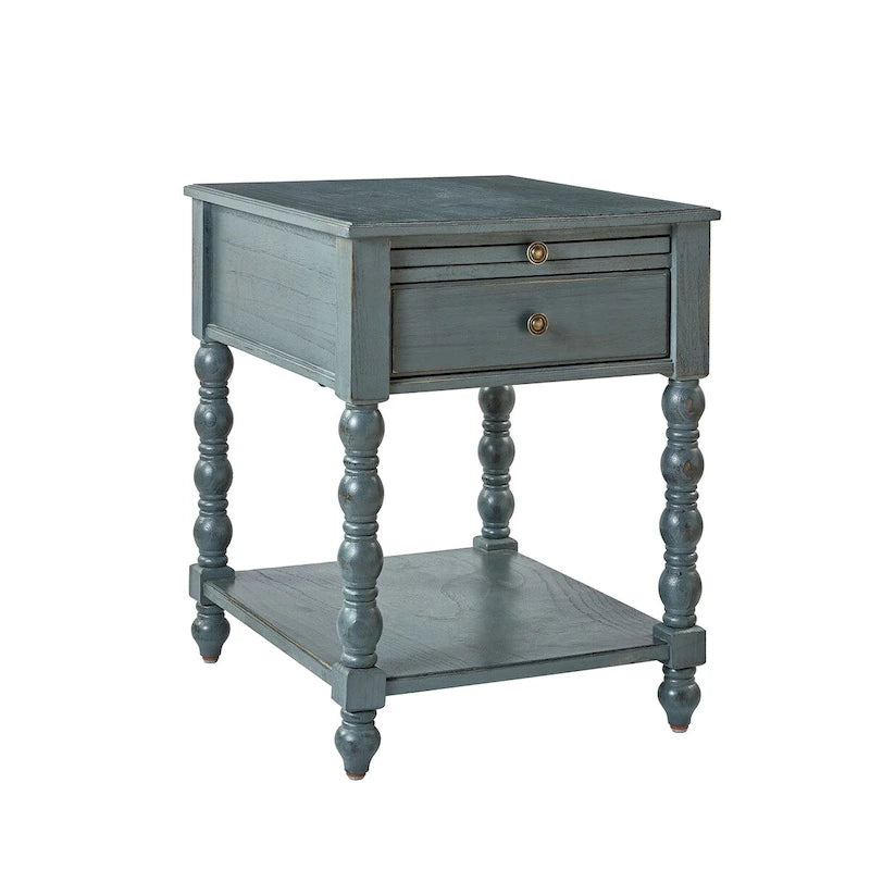 26-Inch Solid Wood End Table with USB Ports and Pull-Out Trays