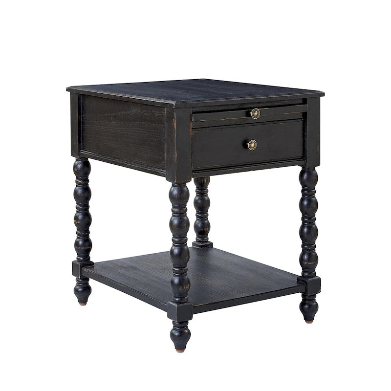 26-Inch Solid Wood End Table with USB Ports and Pull-Out Trays