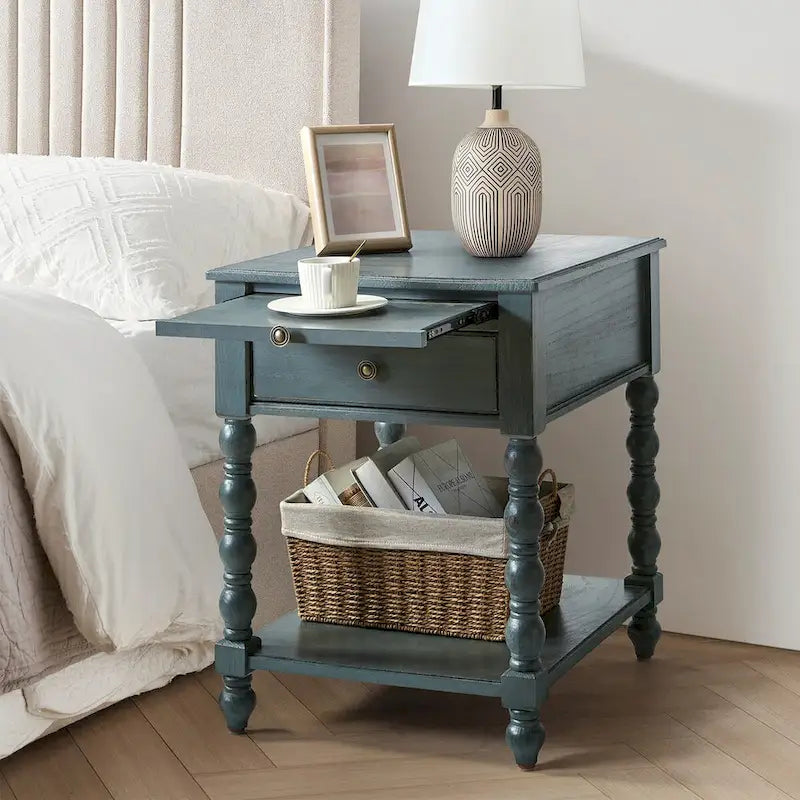 26-Inch Solid Wood End Table with USB Ports and Pull-Out Trays