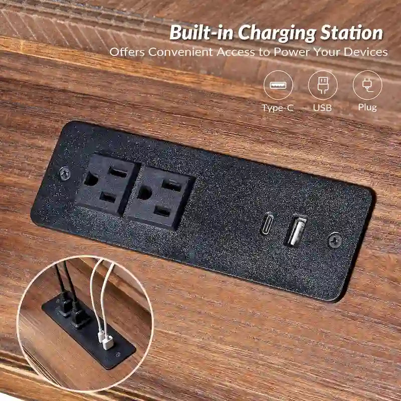 Mesa de apoio de 26 polegadas em madeira maciça com portas USB e tabuleiros extraíveis